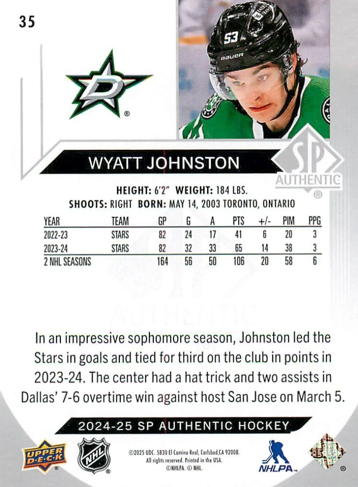 2024-25 UD SP Authentic - Wyatt Johnston #35