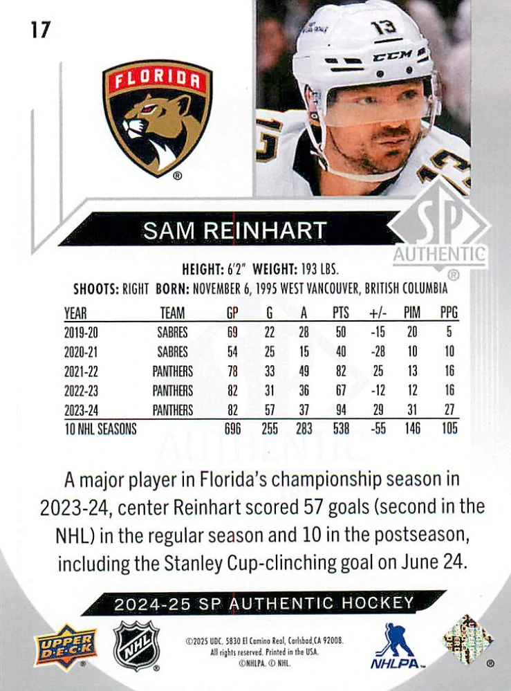 2024-25 UD SP Authentic - Sam Reinhart #17