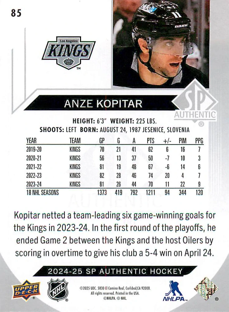 2024-25 UD SP Authentic - Anze Kopitar #85