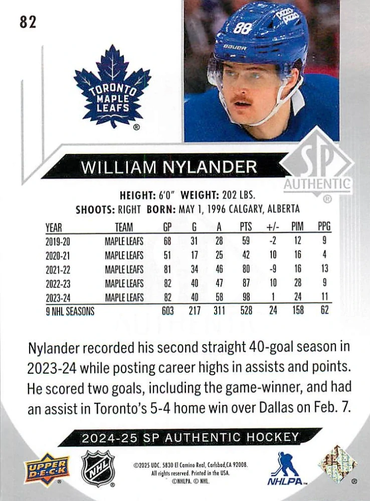 2024-25 UD SP Authentic - William Nylander #82