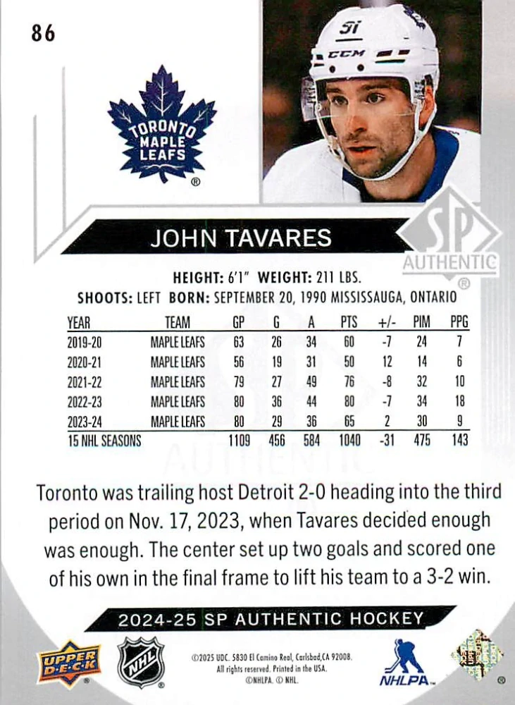 2024-25 UD SP Authentic - John Tavares #86