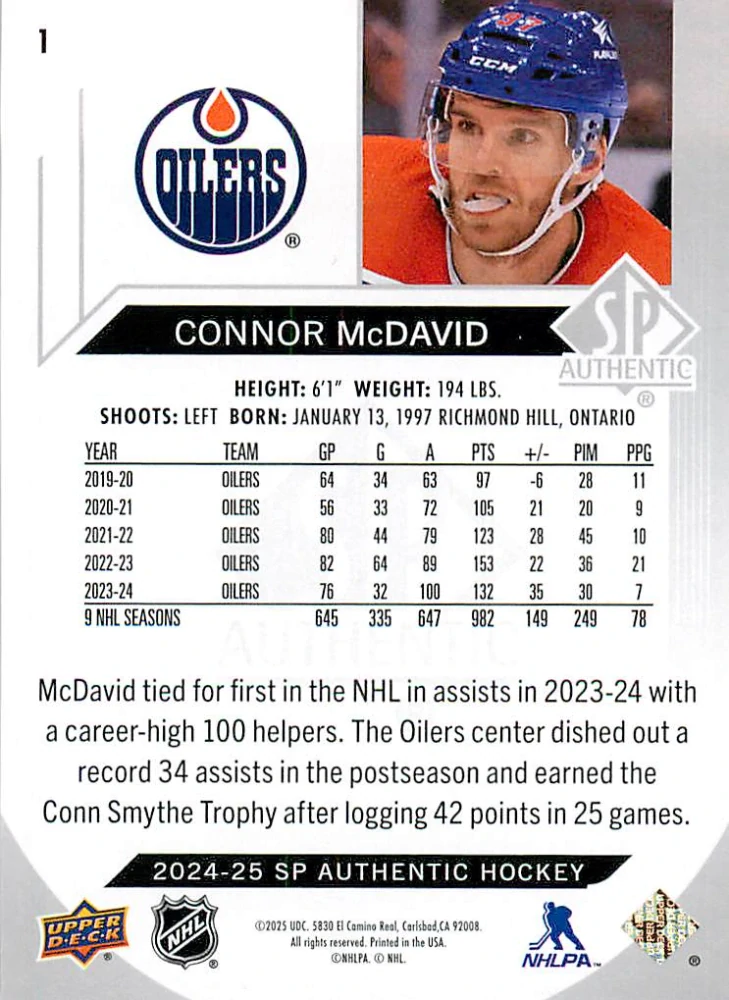 2024-25 UD SP Authentic - Connor McDavid #1