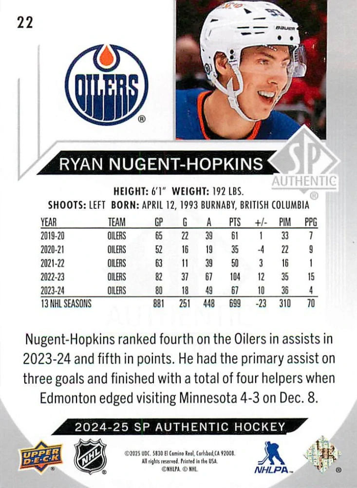 2024-25 UD SP Authentic - Ryan Nugent-Hopkins #22