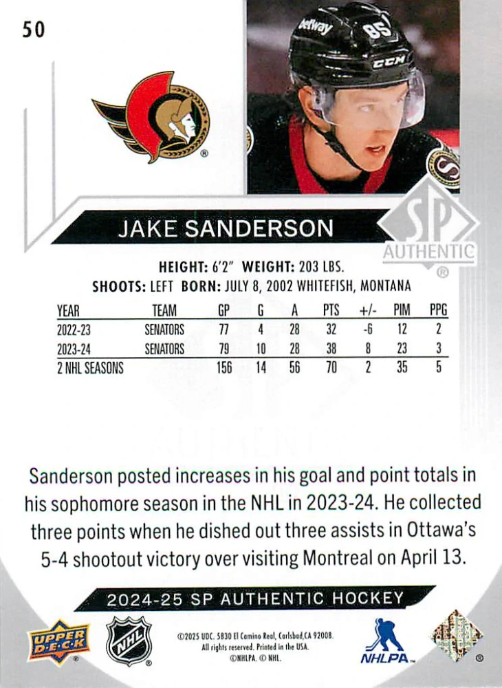 2024-25 UD SP Authentic - Jake Sanderson #50