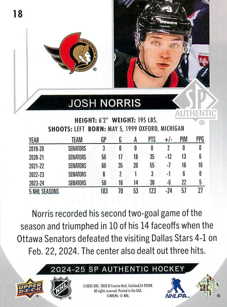 2024-25 UD SP Authentic - Josh Norris #18