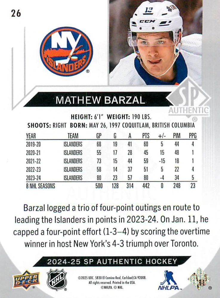 2024-25 UD SP Authentic - Mathew Barzal #26