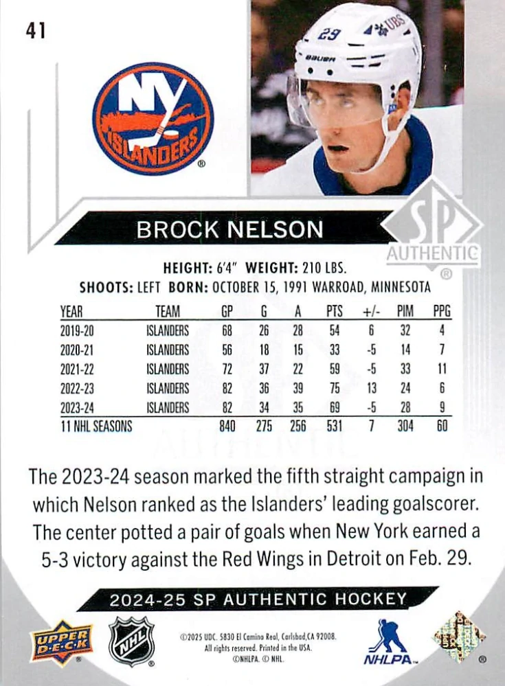 2024-25 UD SP Authentic - Brock Nelson #41