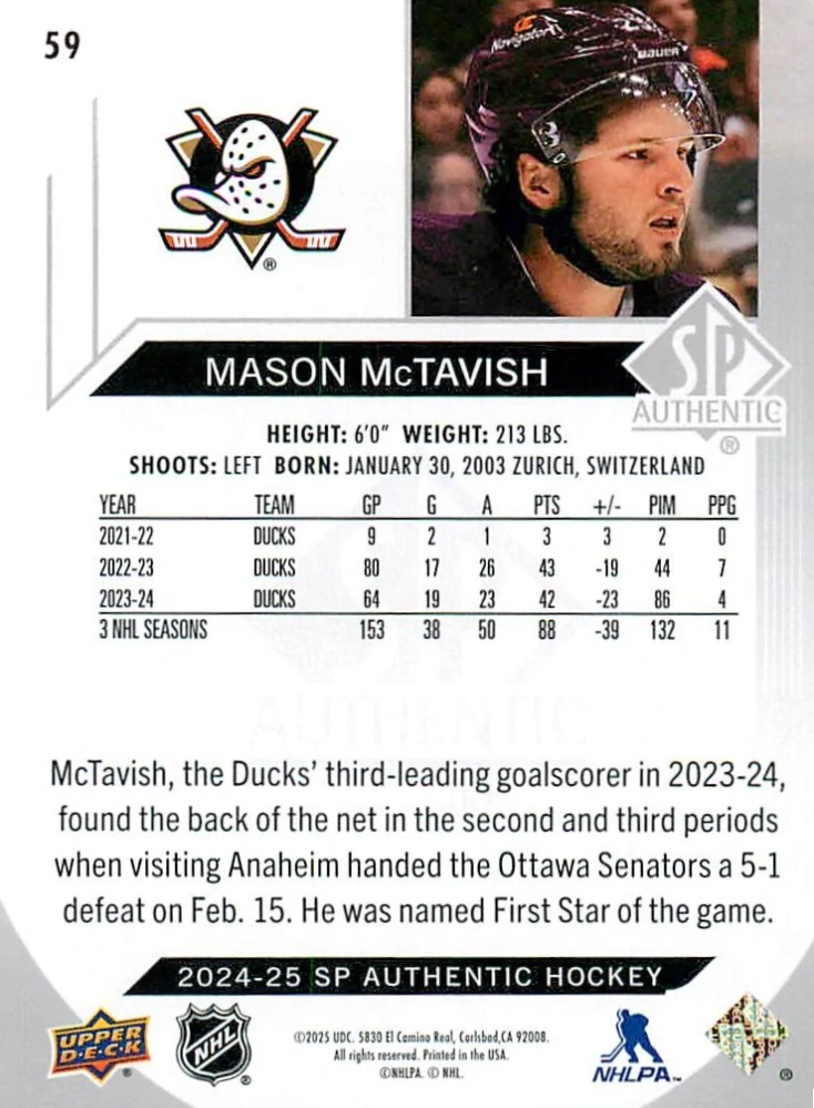 2024-25 UD SP Authentic - Mason McTavish #59