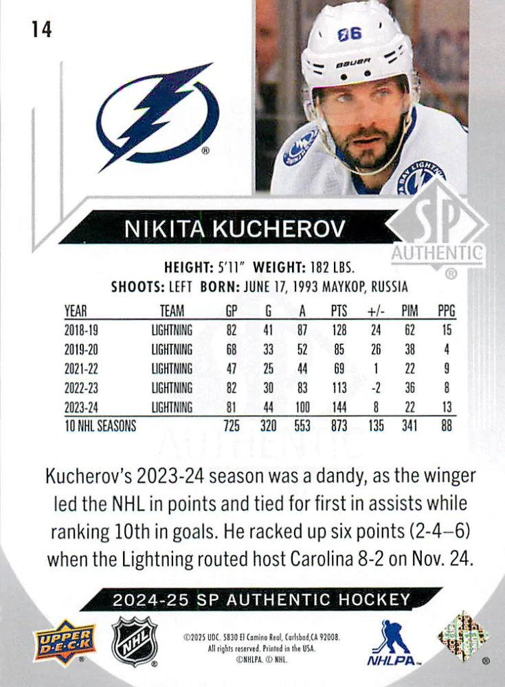 2024-25 UD SP Authentic - Nikita Kucherov #14