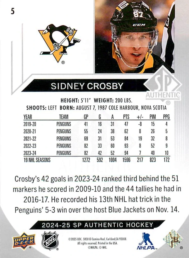 2024-25 UD SP Authentic - Sidney Crosby #5
