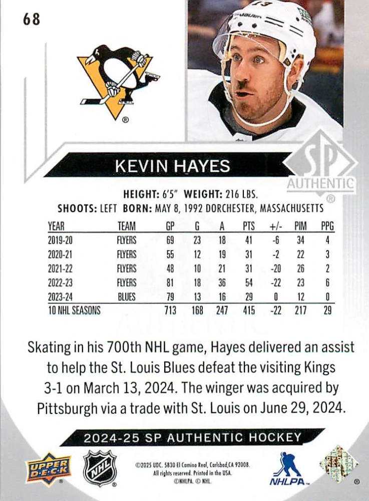 2024-25 UD SP Authentic - Kevin Hayes #68