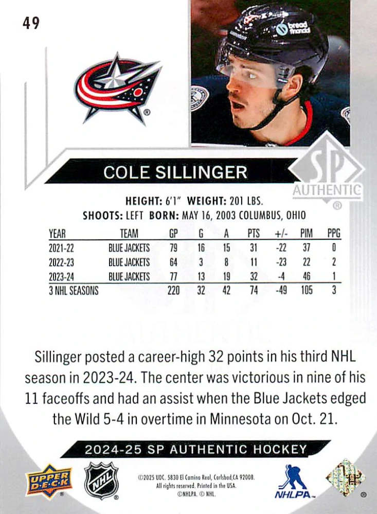 2024-25 UD SP Authentic - Cole Sillinger #49