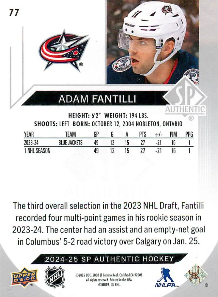 2024-25 UD SP Authentic - Adam Fantilli #77