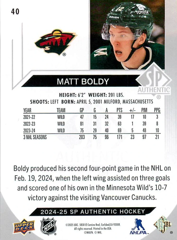 2024-25 UD SP Authentic - Matt Boldy #40