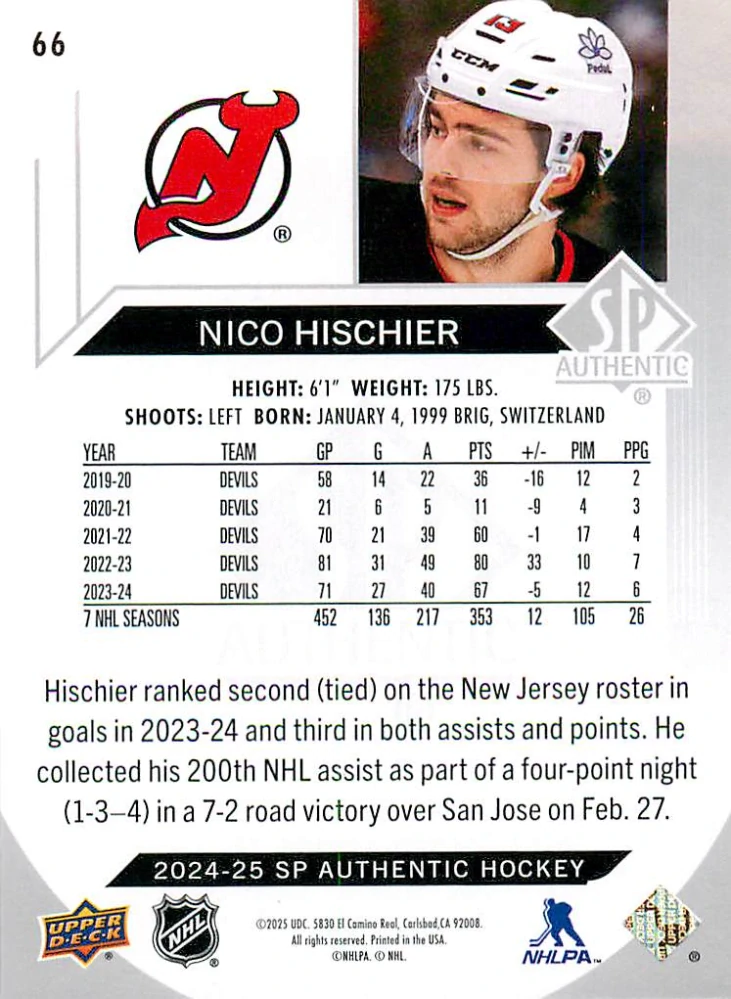 2024-25 UD SP Authentic - Nico Hischier #66
