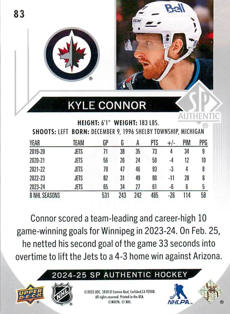 2024-25 UD SP Authentic - Kyle Connor #83