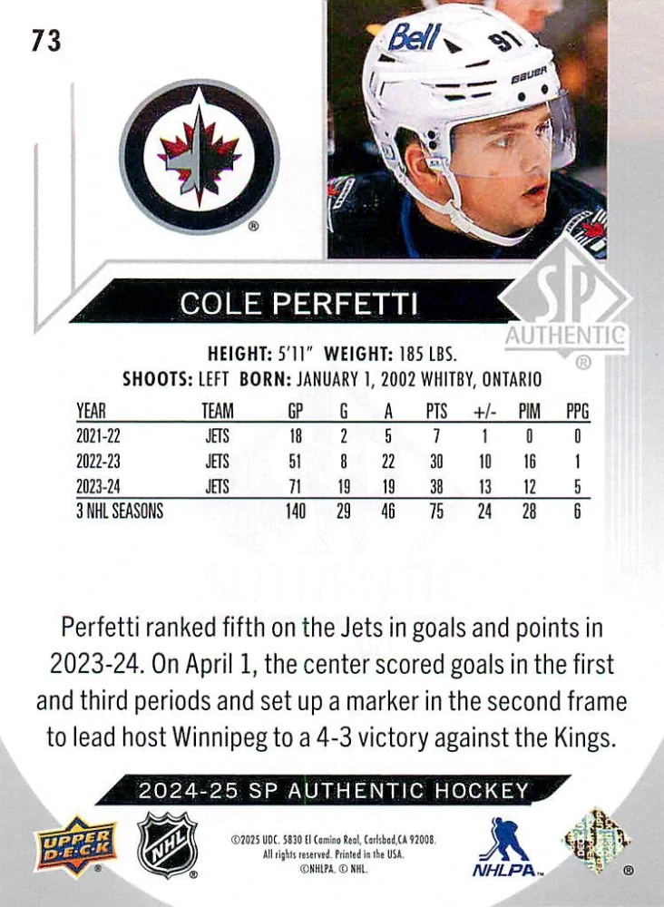 2024-25 UD SP Authentic - Cole Perfetti #73