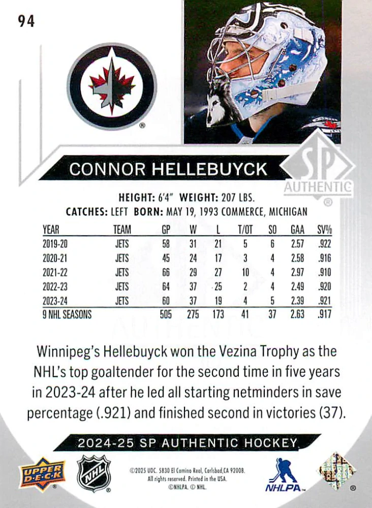 2024-25 UD SP Authentic - Connor Hellebuyck #94
