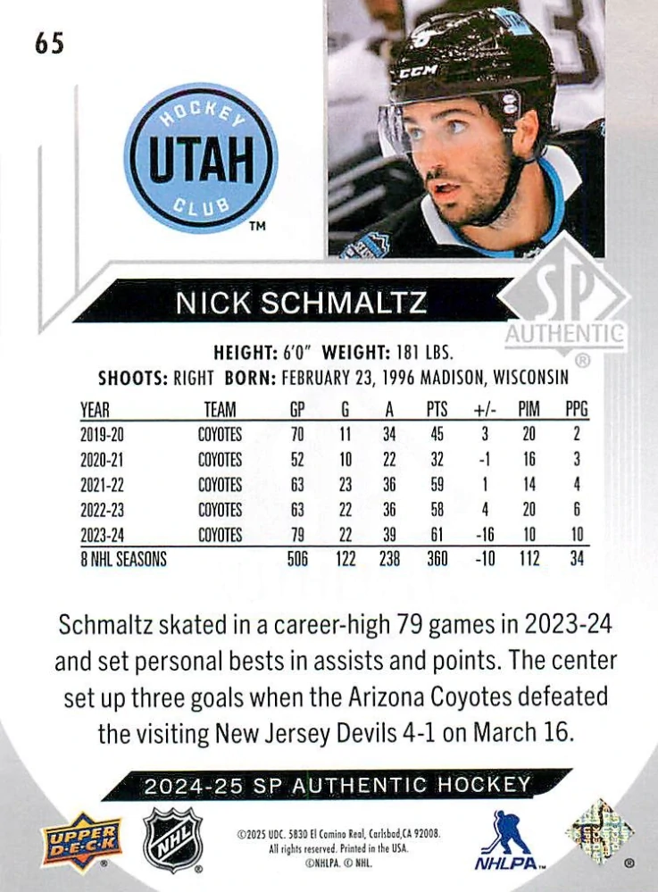 2024-25 UD SP Authentic - Nick Schmaltz #65