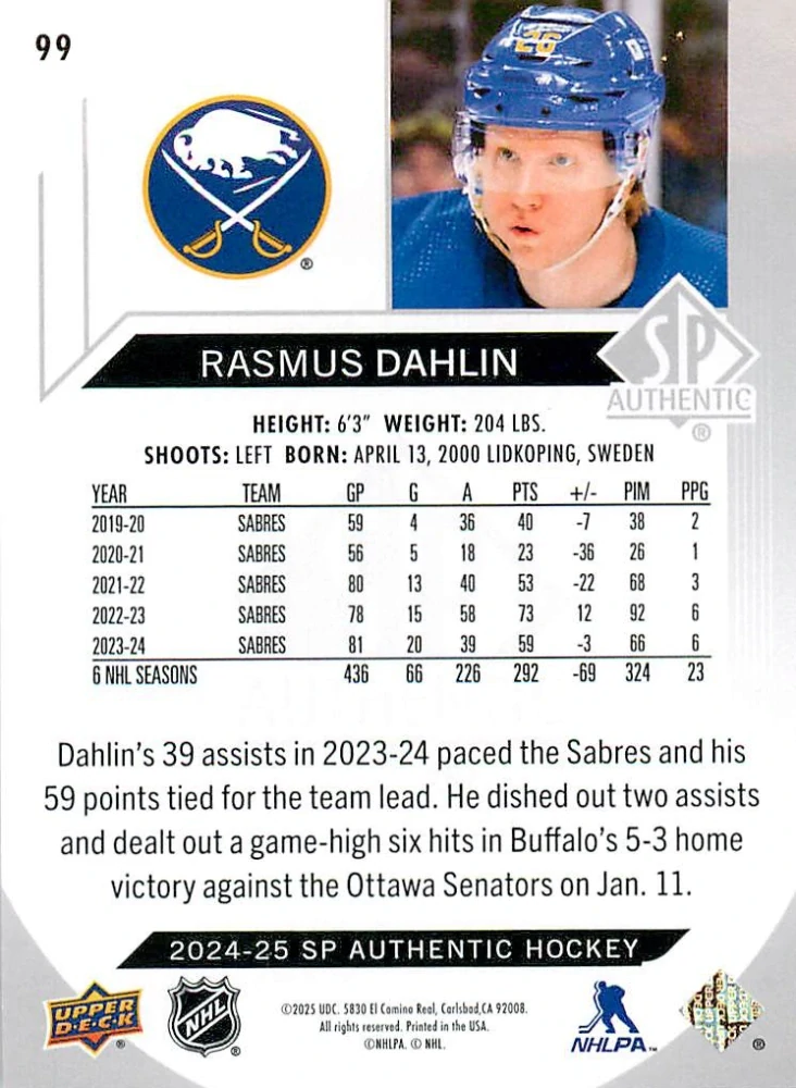 2024-25 UD SP Authentic - Rasmus Dahlin #99