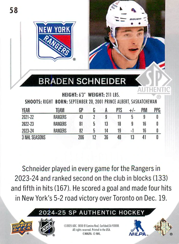 2024-25 UD SP Authentic - Braden Schneider #58