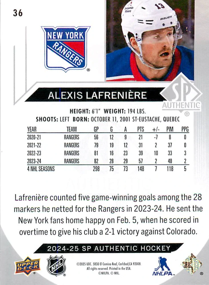 2024-25 UD SP Authentic - Alexis Lafreniere #36