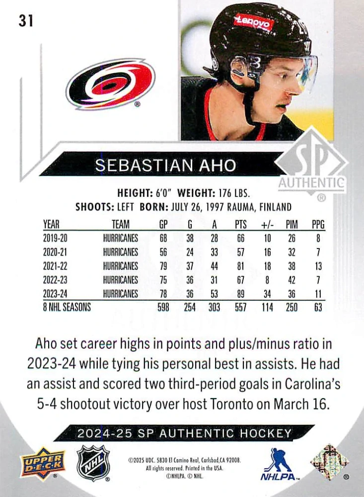 2024-25 UD SP Authentic - Sebastian Aho #31
