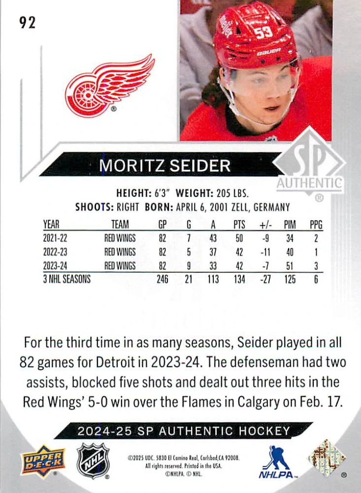2024-25 UD SP Authentic - Moritz Seider #92