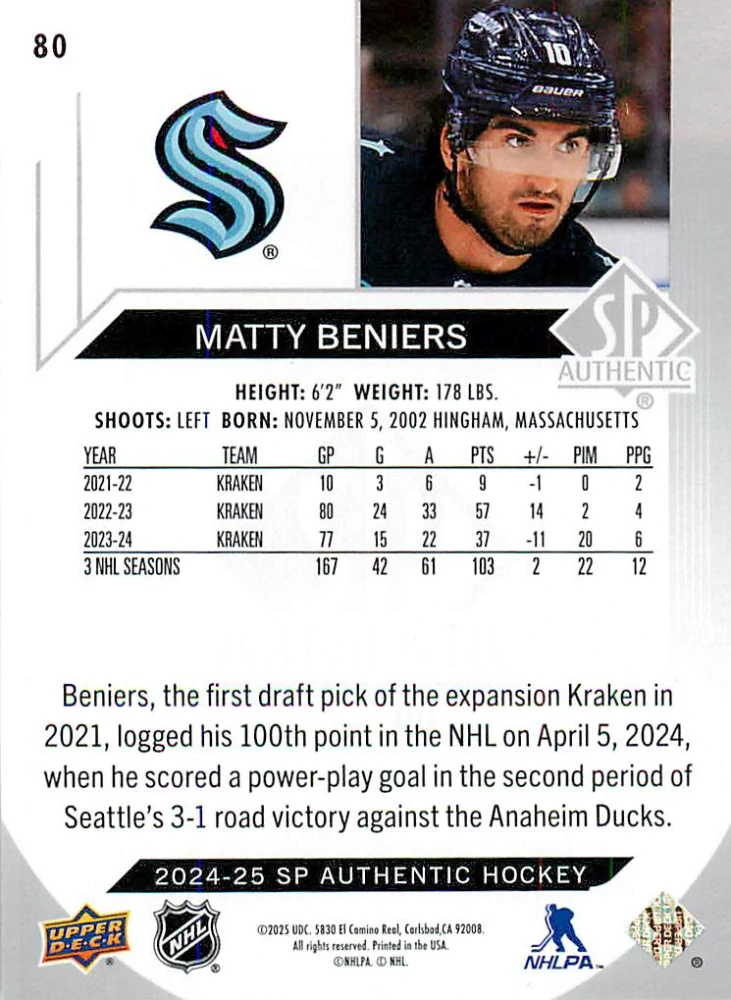 2024-25 UD SP Authentic - Matty Beniers #80