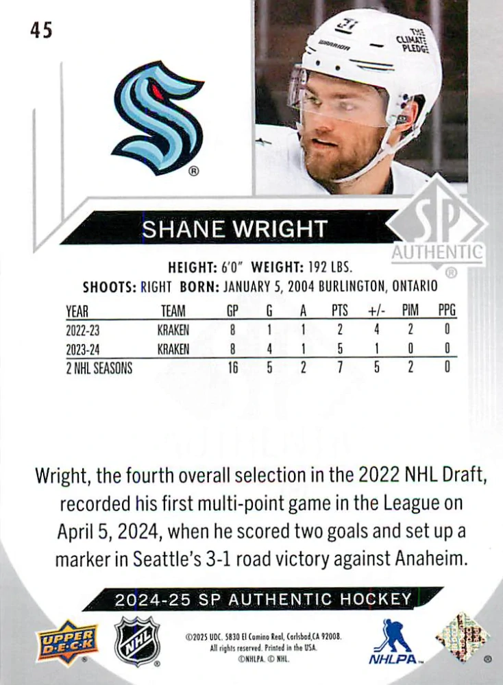 2024-25 UD SP Authentic - Shane Wright #45