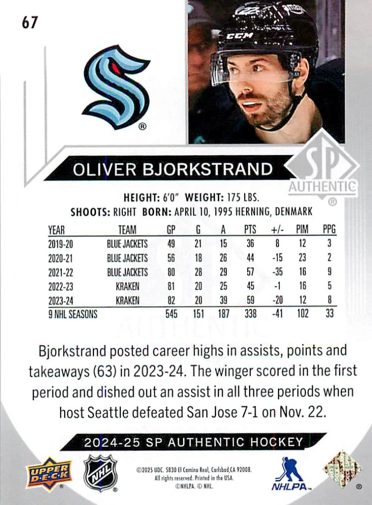 2024-25 UD SP Authentic - Oliver Bjorkstrand #67