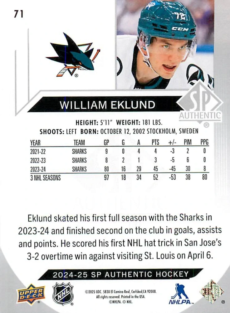 2024-25 UD SP Authentic - William Eklund #71