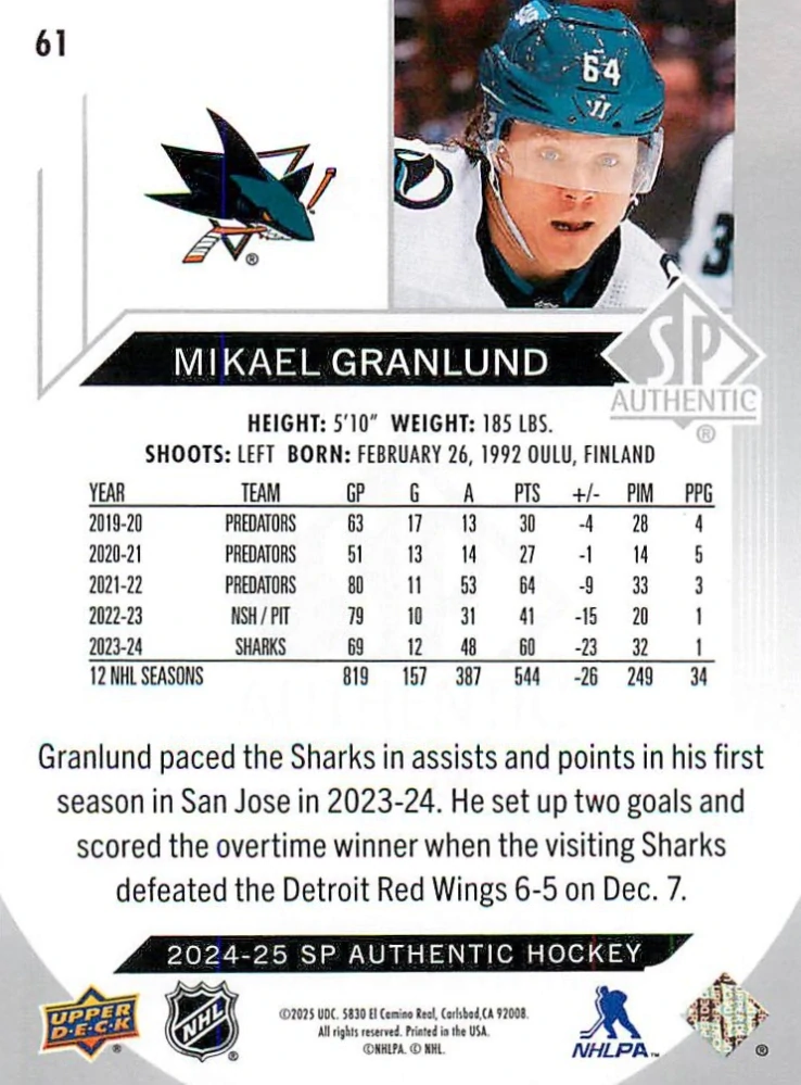 2024-25 UD SP Authentic - Mikael Granlund #61