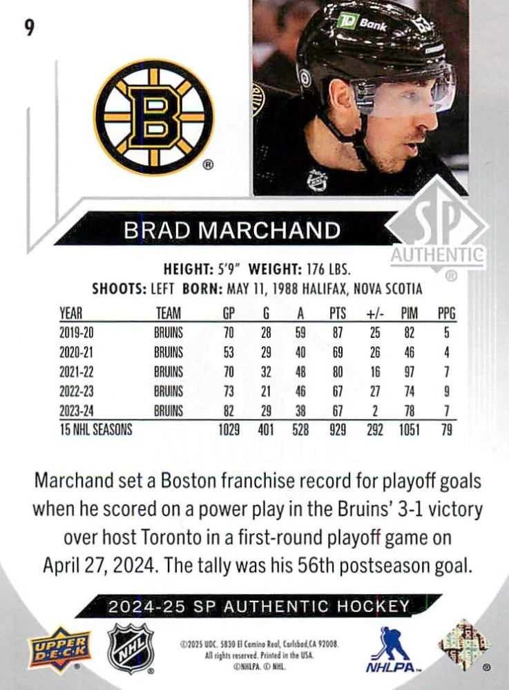 2024-25 UD SP Authentic - Brad Marchand #9