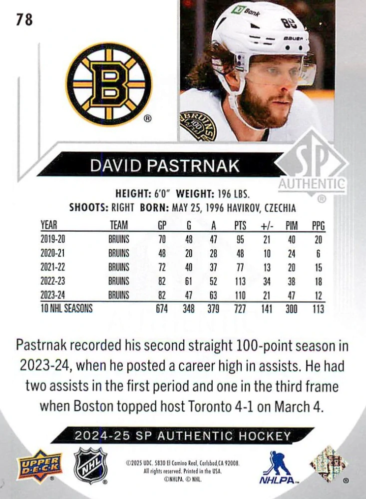 2024-25 UD SP Authentic - David Pastrňák #78