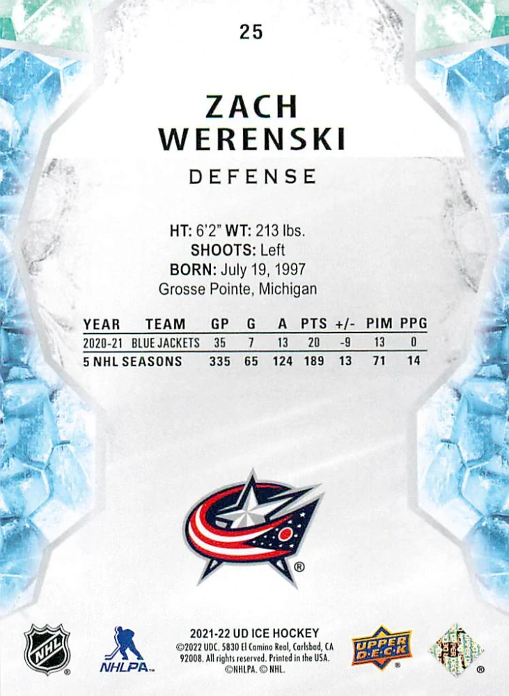 2021-22 UD Ice - Zach Werenski #25