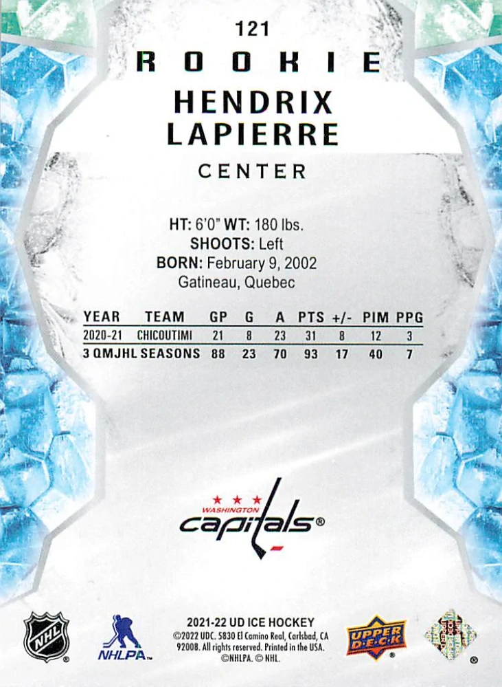 2021-22 UD Ice - Hendrix Lapierre - Rookie Orange #121
