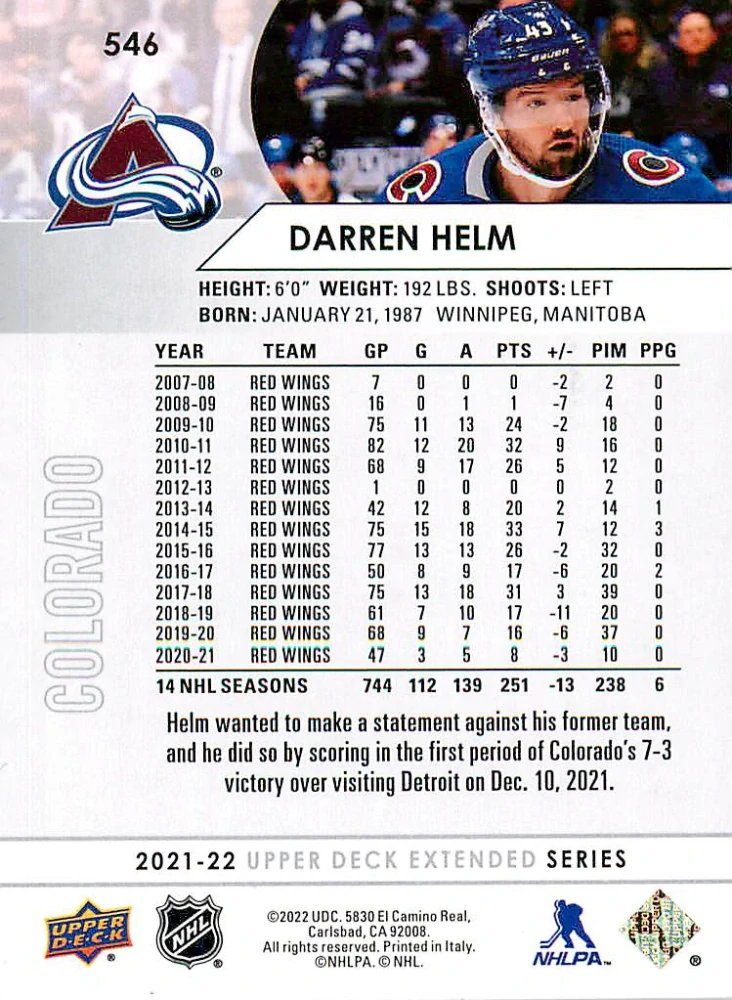 2021-22 UD Extended Series - Darren Helm #546