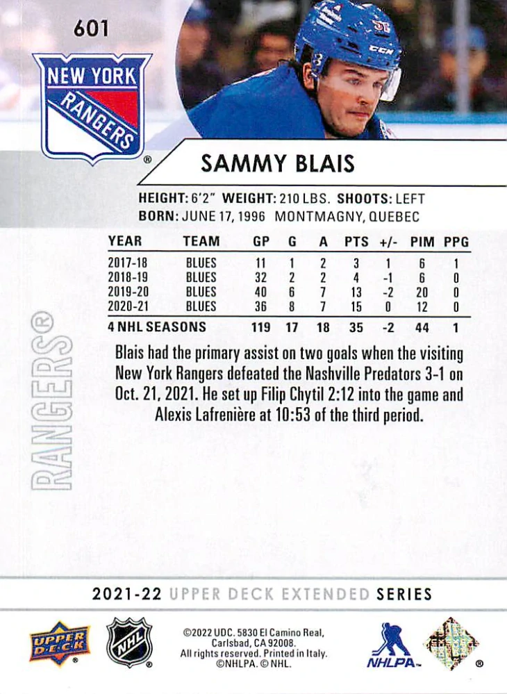 2021-22 UD Extended Series - Sammy Blais #601