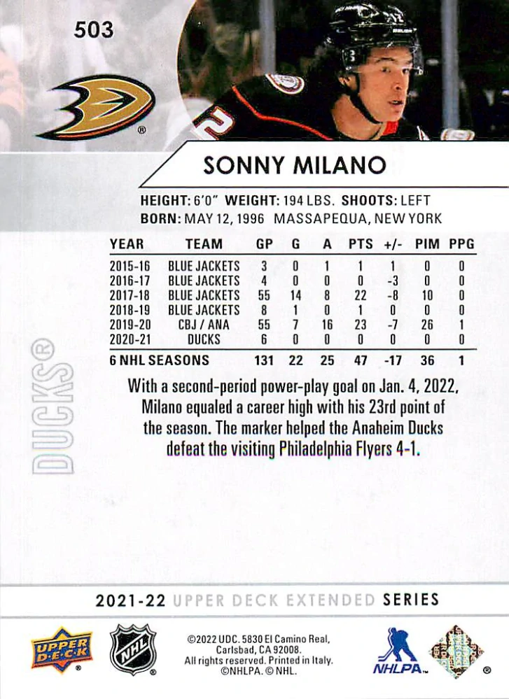 2021-22 UD Extended Series - Sonny Milano #503
