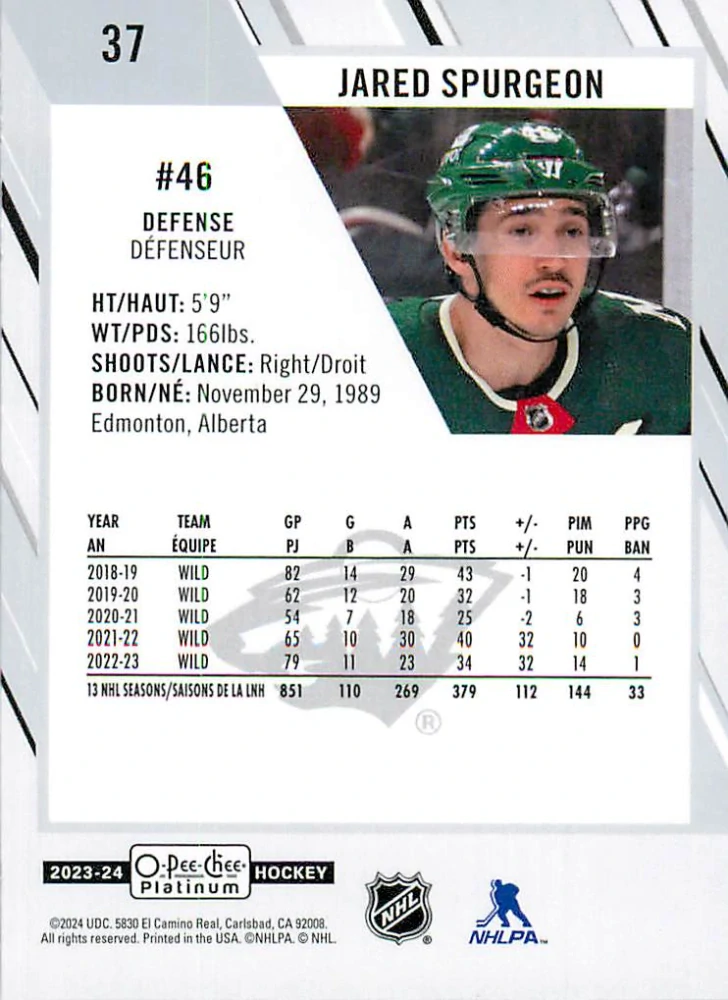 2023-24 UD O-Pee-Chee Platinum - Jared Spurgeon #37