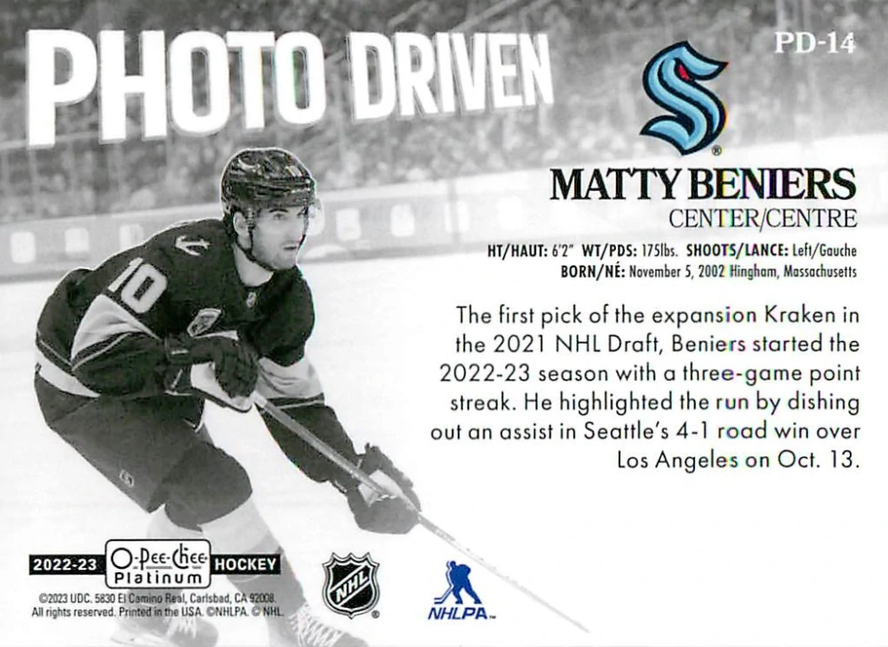 2022-23 UD O-Pee-Chee Platinum - Matty Beniers - Photo Driven #PD-14
