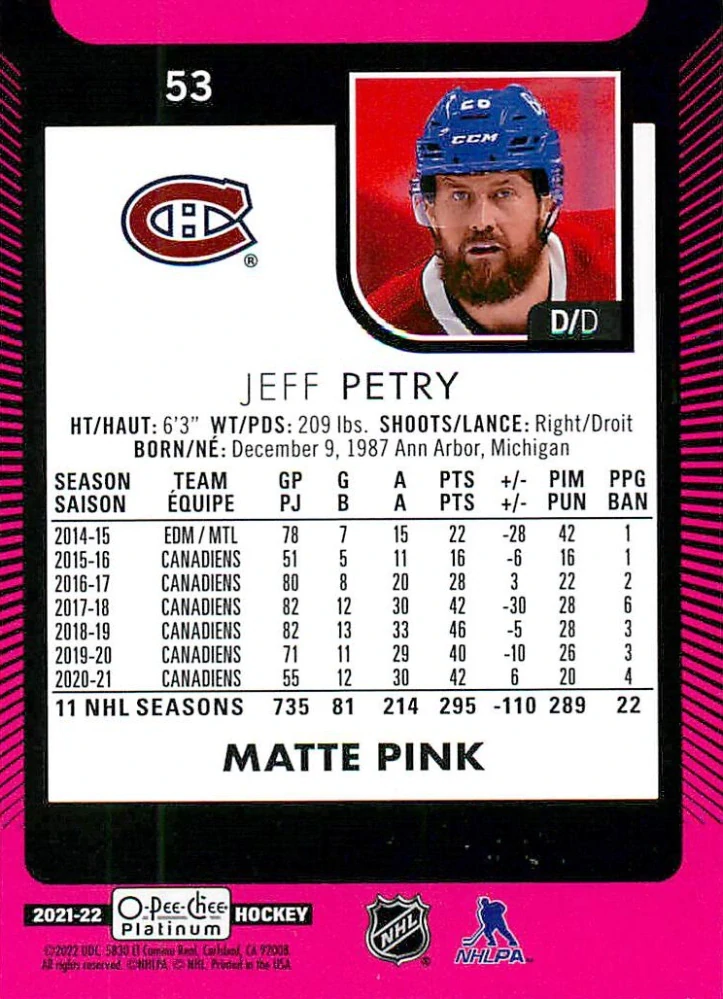 2021-22 UD O-Pee-Chee Platinum - Jeff Petry - Matte Pink #53