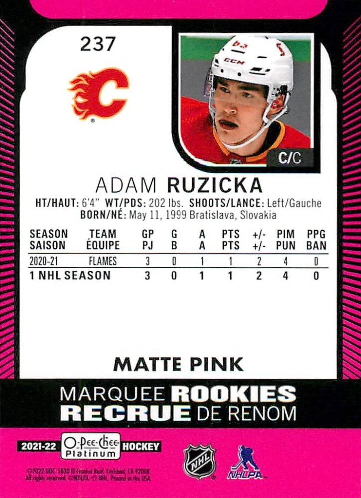 2021-22 UD O-Pee-Chee Platinum - Adam Ružička - Marquee Rookies Matte Pink #53