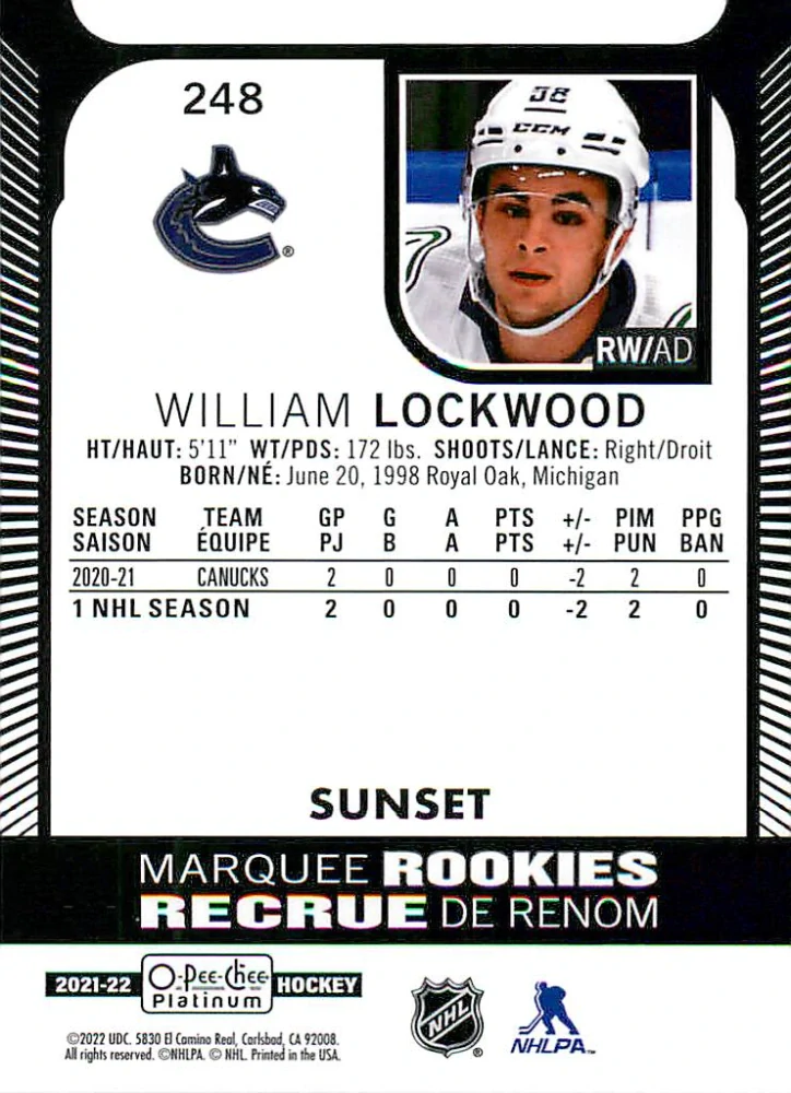 2021-22 UD O-Pee-Chee Platinum - William Lockwood - Marquee Rookies Sunset #248