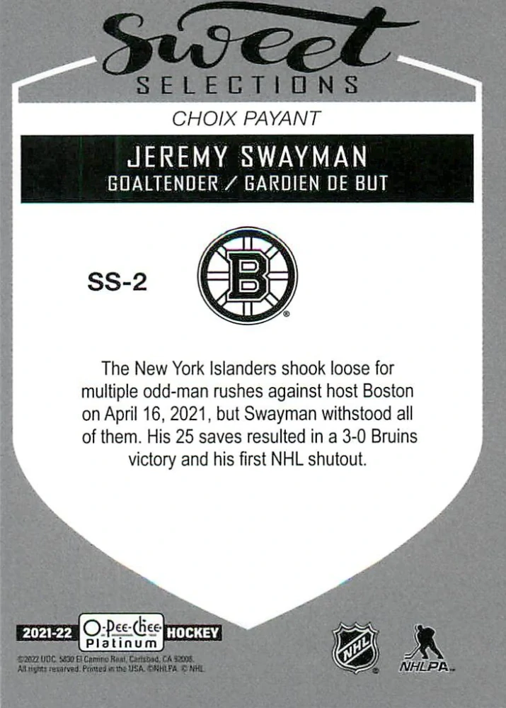 2021-22 UD O-Pee-Chee Platinum - Jeremy Swayman - Sweet Selections #SS-2