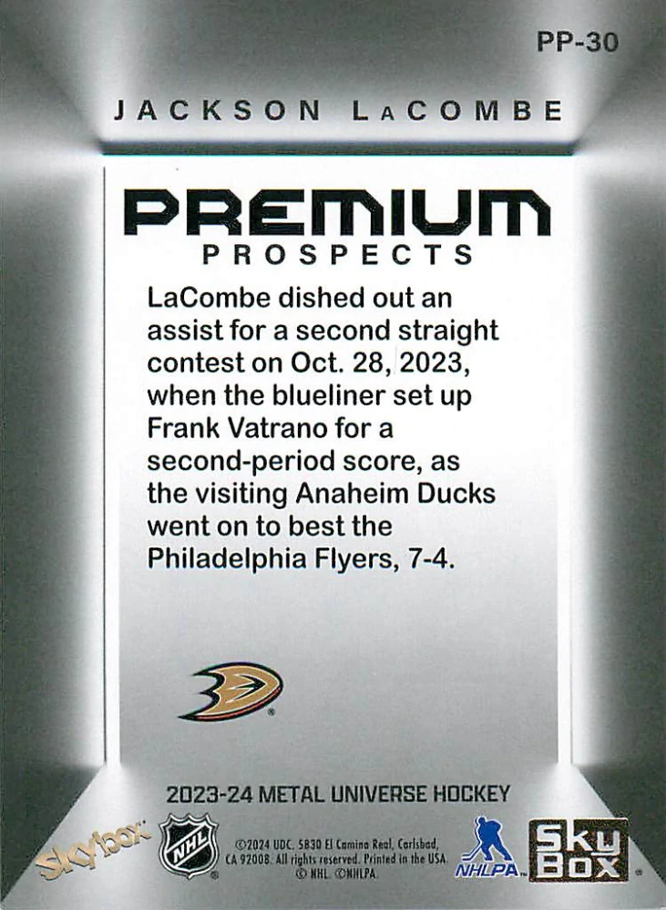 2023-24 UD Skybox Metal Universe - Jackson LaCombe - Premium Prospects #PP-30