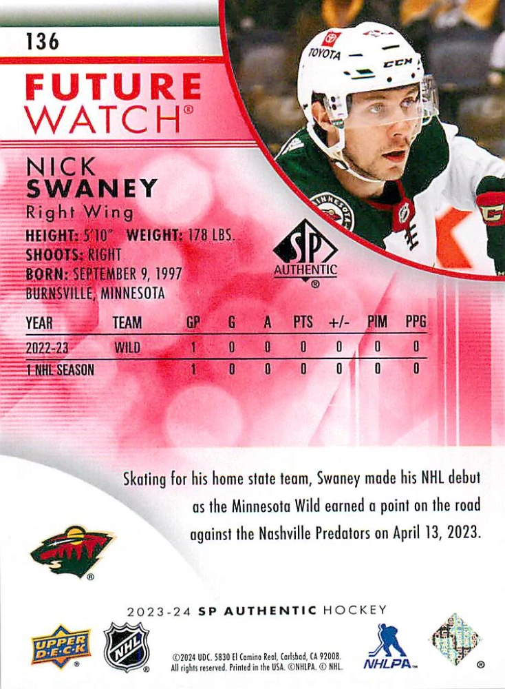 2023-24 UD SP Authentic - Nick Swaney - Future Watch Limited Red #136