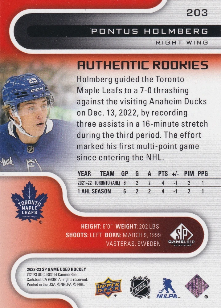 2022-23 UD SP Game Used - Pontus Holmberg - Authentic Rookies Red /224 #203