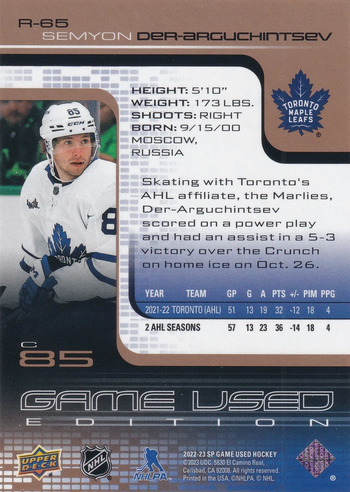 2022-23 UD SP Game Used - Semyon Der-Arguchintsev - 2001-02 Retro Rookies - Gold /25 #R-65